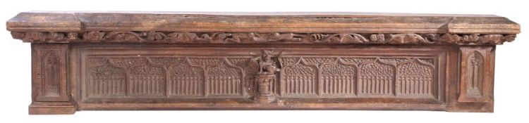 A 15th/16th century carved oak architectural pediment, circa 1500 and later In two parts, the frieze
