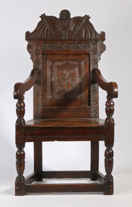 An unusual Charles II panel-back open armchair, North Country, probably Yorkshire, 1670 The arched - Image 3 of 3