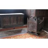 An unusual Elizabeth I joined oak coffer, circa 1580 Having a boarded top, the front with three