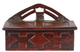 A rare and good late 17th century oak boarded mural candle/salt box, English, dated 1674  Having