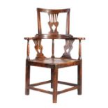 A George III fruitwood, walnut and oak high-back corner chair, with prominent ownership stamp, circa