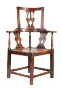 A George III fruitwood, walnut and oak high-back corner chair, with prominent ownership stamp, circa