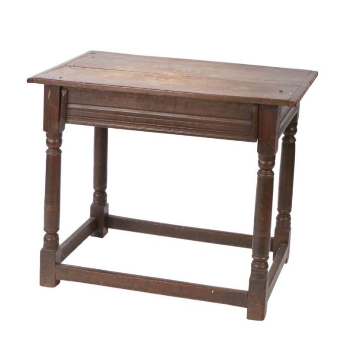A Charles II oak side table, circa 1680 Having an end-cleated twin-boarded top, a run-moulded drawer - Image 2 of 4