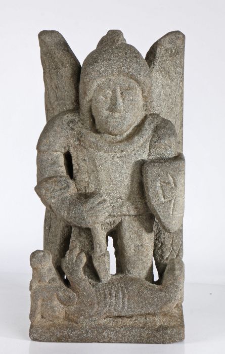 An early 19th Century carved granite figure of The Archangel St. Michael Dressed as a Knight, with - Image 2 of 2