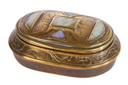 An early 19th century engraved brass and mother-of-pearl snuff box, English, circa 1800 Of oval