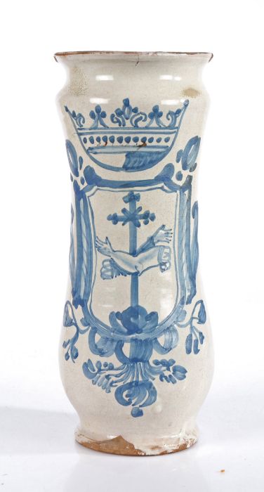 Late 18th/early 19th Century Spanish Albarello, Talavera, in white and blue glaze, a crown above a - Image 2 of 2