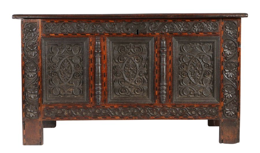 A Charles II oak and inlaid coffer South-West Yorkshire/East Lancashire, dated 1672 The triple