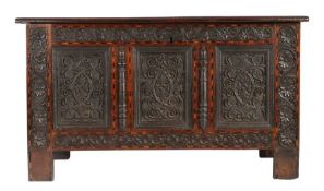 A Charles II oak and inlaid coffer South-West Yorkshire/East Lancashire, dated 1672 The triple