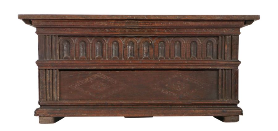 A rare Elizabeth I oak table box, circa 1580 Having a double-boarded hinged lid framed by incised-