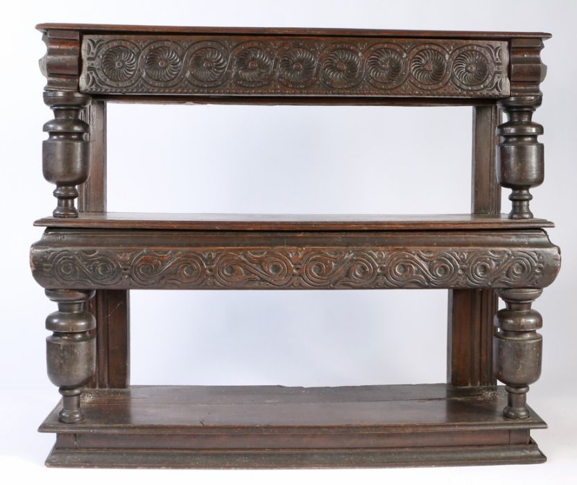 A small Charles I oak three-tier buffet or court cupboard, West Country, circa 1630 The top of two - Image 4 of 5