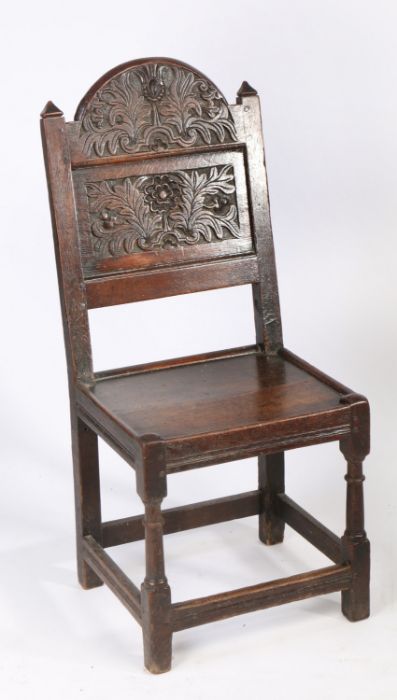 A Charles II oak backstool, Lancashire/Cheshire, circa 1680 Having an arched cresting and back panel - Image 4 of 4