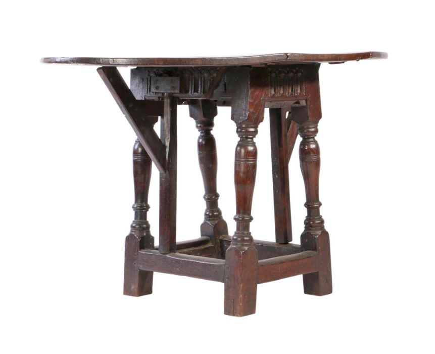 An oak table stool: a rare Elizabeth I oak joint stool, circa 1580, with a 17th century oval drop- - Image 2 of 8