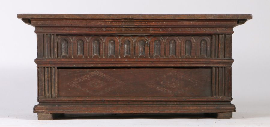 A rare Elizabeth I oak table box, circa 1580 Having a double-boarded hinged lid framed by incised- - Image 3 of 4