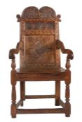 A Charles II oak and inlaid open armchair, South-West Yorkshire, circa 1670 and later Having a