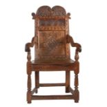 A Charles II oak and inlaid open armchair, South-West Yorkshire, circa 1670 and later Having a