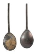 Two 17th century pewter slip-top spoons, English, circa 1640-80 One with anchor maker's mark, the