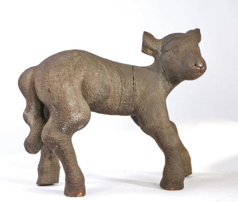 A charming 18th century carved oak life-size lamb, English Realistically modelled standing, ears - Image 2 of 2