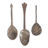 Three 16th/17th century excavated pewter spoons, English To include an acorn knop, length 15.2cm;