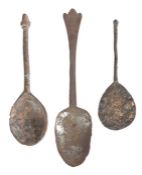 Three 16th/17th century excavated pewter spoons, English To include an acorn knop, length 15.2cm;