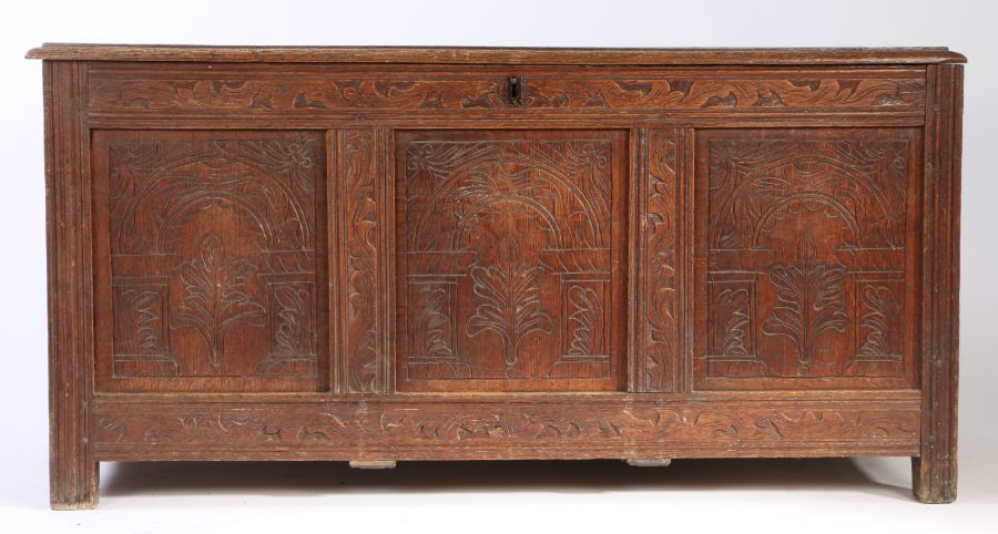 A Charles II oak coffer, circa 1670, Devon Having a boarded lid, the front of three panels, each - Image 3 of 4