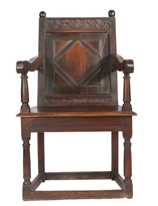 A James I oak panel-back open armchair, West Country, probably Somerset, circa 1620 The back panel - Image 2 of 5