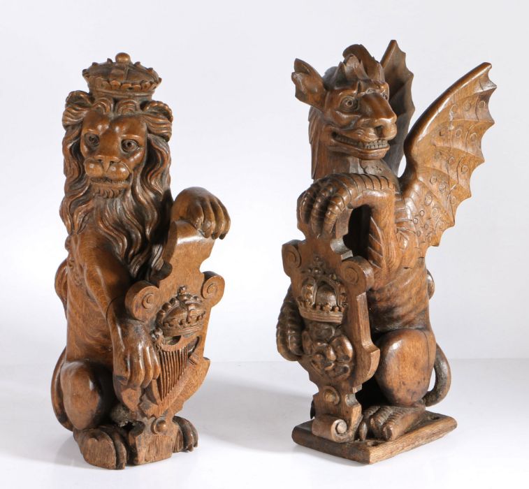 A pair of 19th century carved oak newel post finials, English Designed as supporters of Henry VIII's - Image 2 of 2