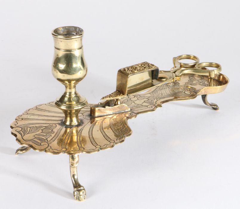 An usual mid- to late 18th century brass Rococo ‘chamberstick’ and snuffers, French Having a tulip- - Image 2 of 2