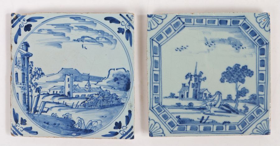 Two mid -to late 18th century Delft tiles, English, circa 1750-80 One decorated with a church in - Image 2 of 2