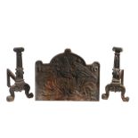 A cast iron fireback With arched pediment, designed with a phoenix and dated '1650', 65cm wide