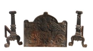 A cast iron fireback With arched pediment, designed with a phoenix and dated '1650', 65cm wide