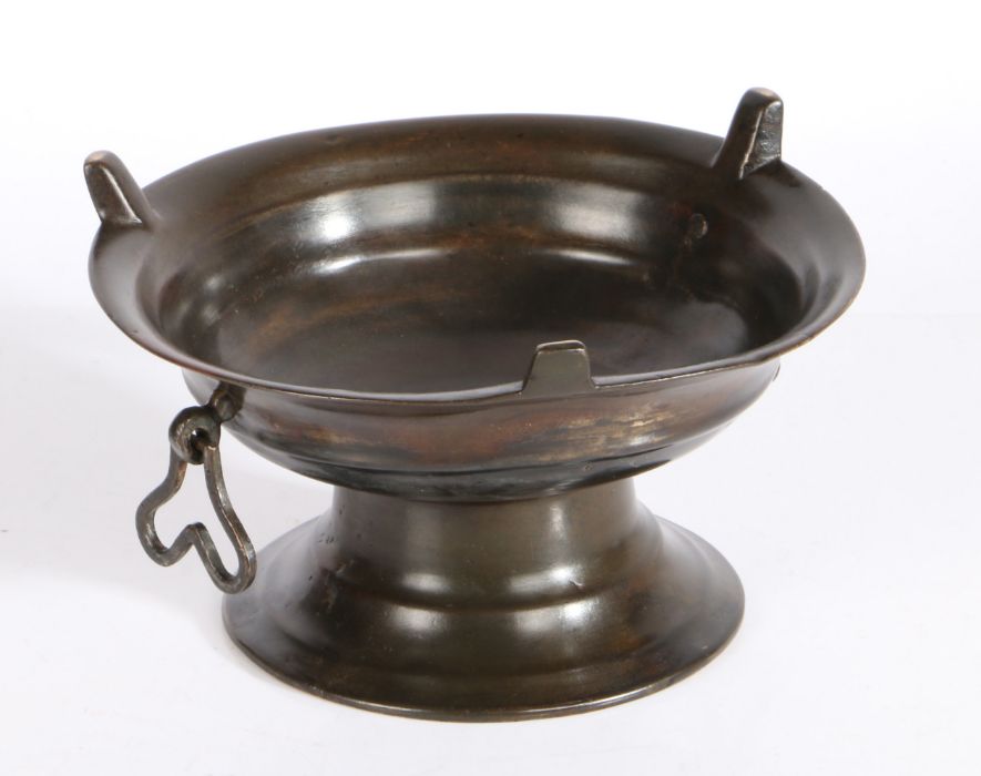 A rare 15th/16th century bronze chafing dish, circa 1450-1550 Of circular form, with a pedestal - Image 4 of 4