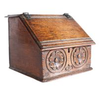 A particularly small and rare Elizabeth I oak boarded desk box, circa 1600 The top and hinged