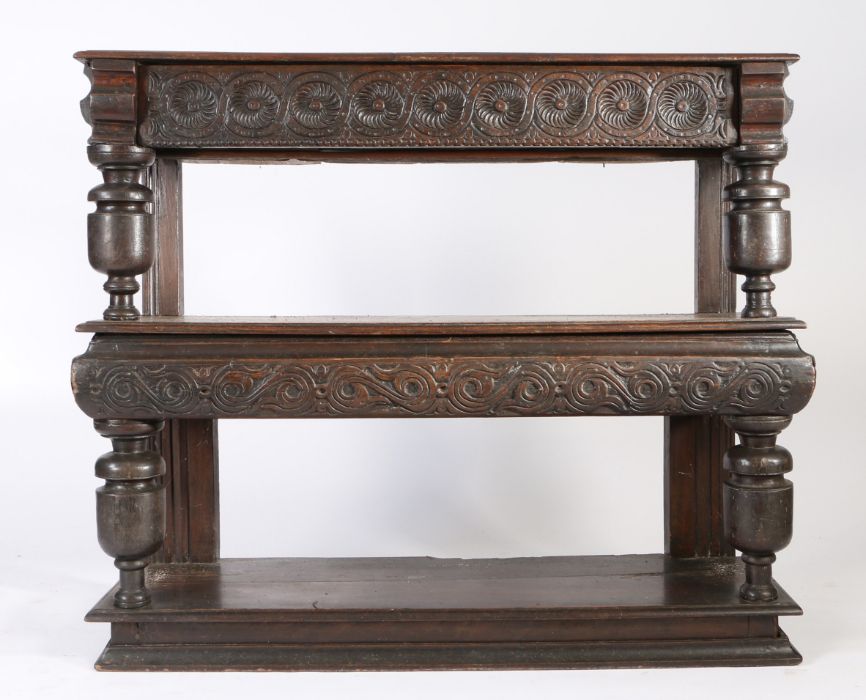 A small Charles I oak three-tier buffet or court cupboard, West Country, circa 1630 The top of two - Image 3 of 5