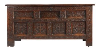 A George I joined oak coffer, Cumbria,  dated 1720 Having a triple-boarded and end-cleated top,