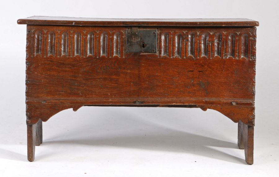 A small Elizabeth I boarded oak coffer, West Country, circa 1600 The top with moulded front edge and - Image 3 of 4