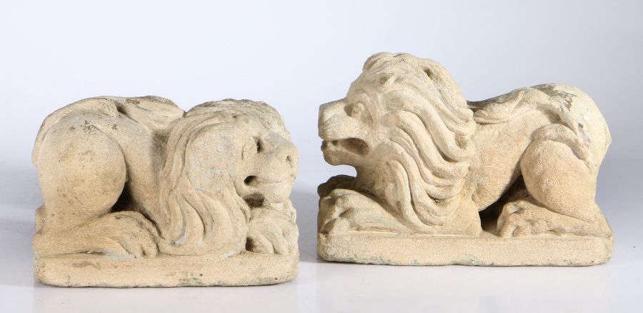 An interesting pair of late 16th century limestone carved recumbent lions, circa 1600 Each with open - Image 2 of 2