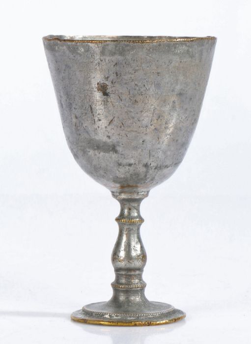 An 18th century miniature tinned latten chalice, English Having a large plain cup on a baluster - Image 2 of 2