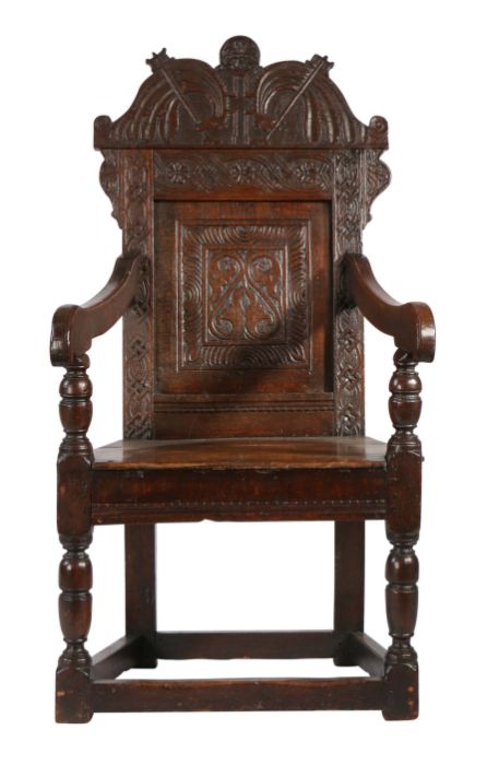 An unusual Charles II panel-back open armchair, North Country, probably Yorkshire, 1670 The arched