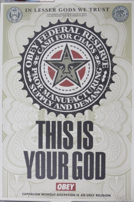 Shepard Fairey (American, born 1970), 'This is your God' Screenprint in colours, 2003, on wove,