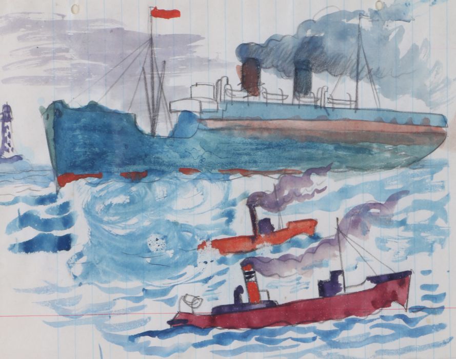 John Northcote Nash CBE, RA, (British, 1893-1977) Shipping with Lighthouse pencil and watercolour 17