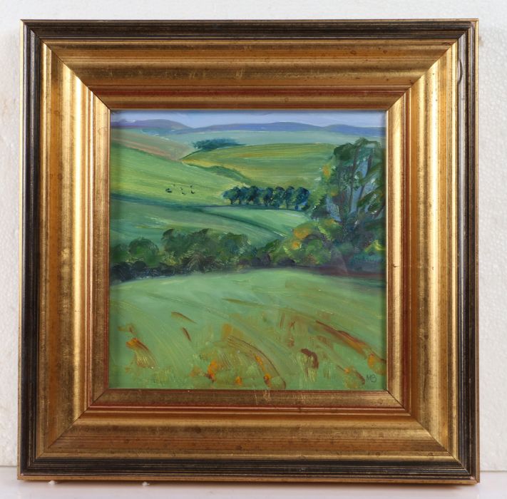 Mary Batchelor (1944-2017) 'Borders Landscape' initialled (lower right), oil on board 19 x 19cm (8 x