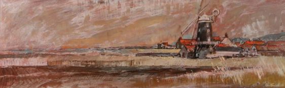 Peter Sumpter (British, 1933-2020) Cley Mill signed (lower right), oil on board 30 x 90cm (12 x