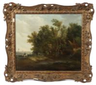 Edward Williams (British, 1782-1855) 'Landscape with Cottage, Boy Fishing and Horseman'