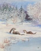 David Feather (British, 1952-2005) Otters in Snow signed with device (lower right), oil on board