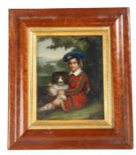 19th Century British School, a boy seated in Scottish outfit with his spaniel on his lap, 23cm wide,