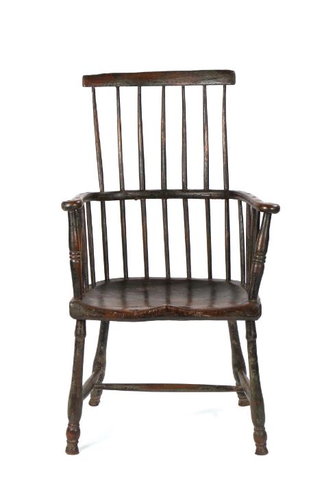 A late 18th/early 19th Century stick back elm and painted armchair, Welsh, with traces of old dark - Image 2 of 2