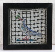 18th Century beadwork picture of a dove, of small proportions, the dove holding an olive branch with