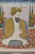 Islamic school, ink and gouache, a bearded seated gentleman with legs crossed seated on a
