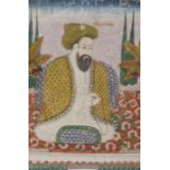 Islamic school, ink and gouache, a bearded seated gentleman with legs crossed seated on a