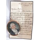 19th Century portrait miniature, with grey hair and rosy cheeks wearing a white waist coat and